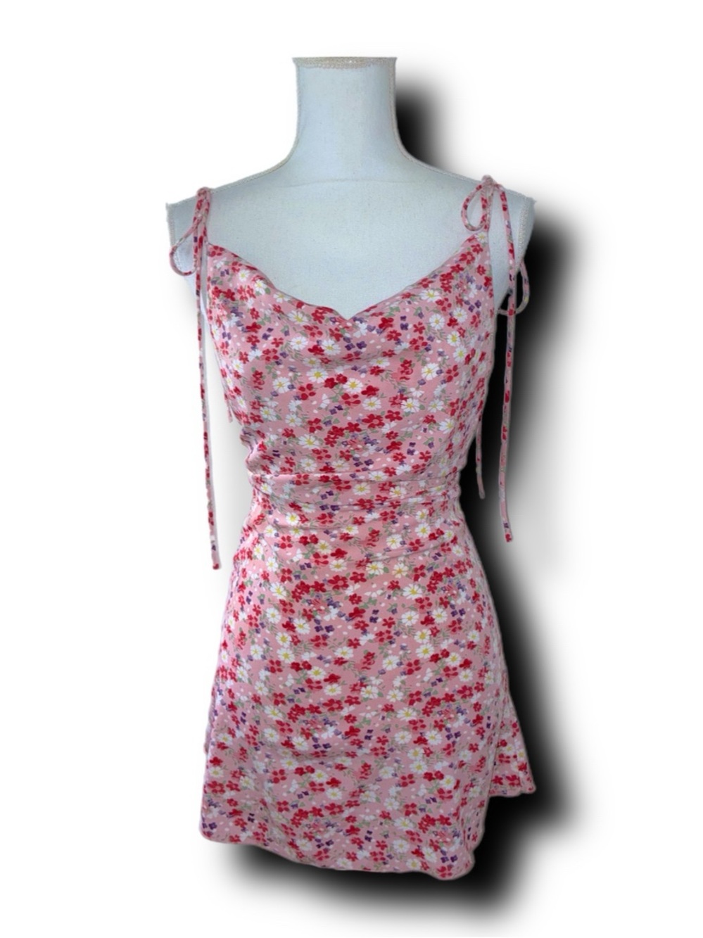 Beginning Boutique Cowl Neck Floral Tie-Strap Satin Mini Dress Barbiecore Vibes